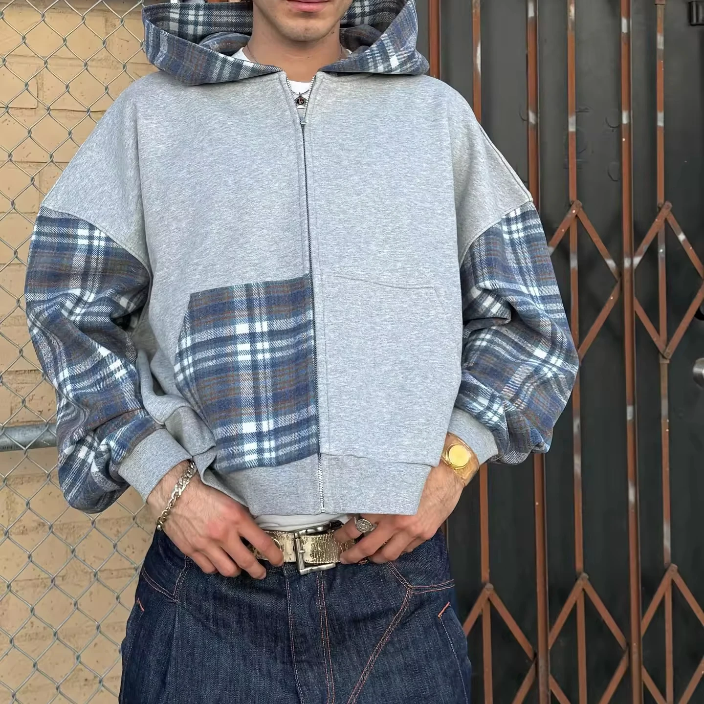 Clothing Manufacturers Custom French Terry 100% Cotton Plaid Patchwork Color Block Zip up Hoodie Jacket for Men