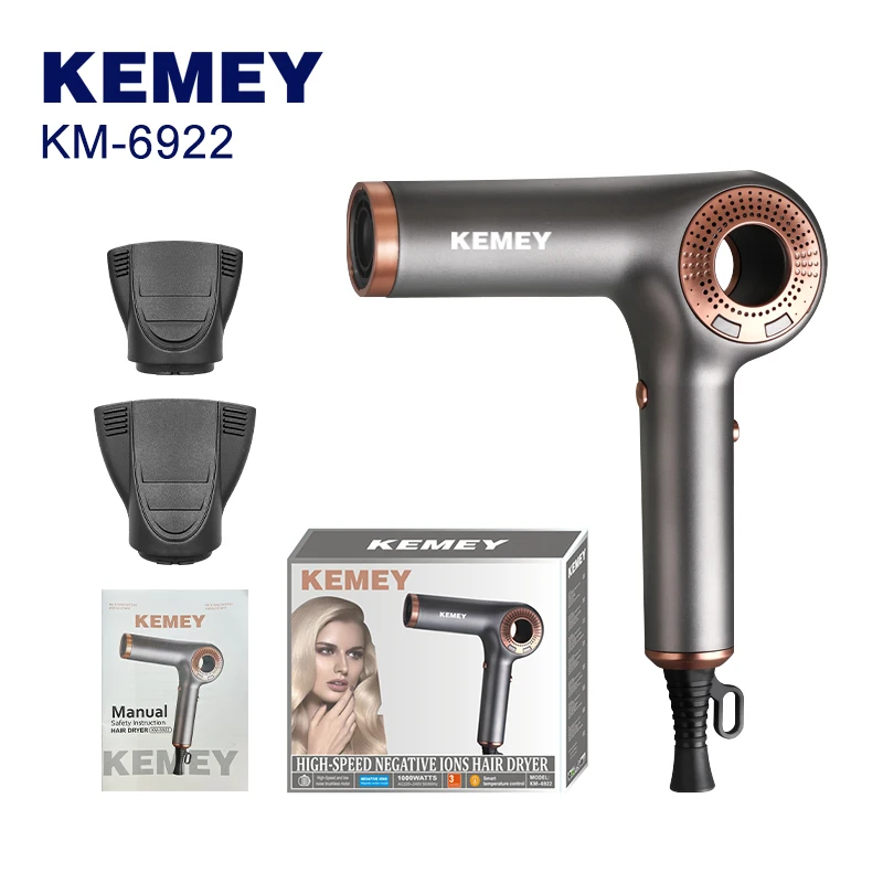 KEMEI KM-6922 vysokorychlostní ionizující fén pro salon, nový design, výkon 1300 W, 3 rychlostní stupně, 3 teplotní nastavení, široký koncentrátor, ženský elektrický fén