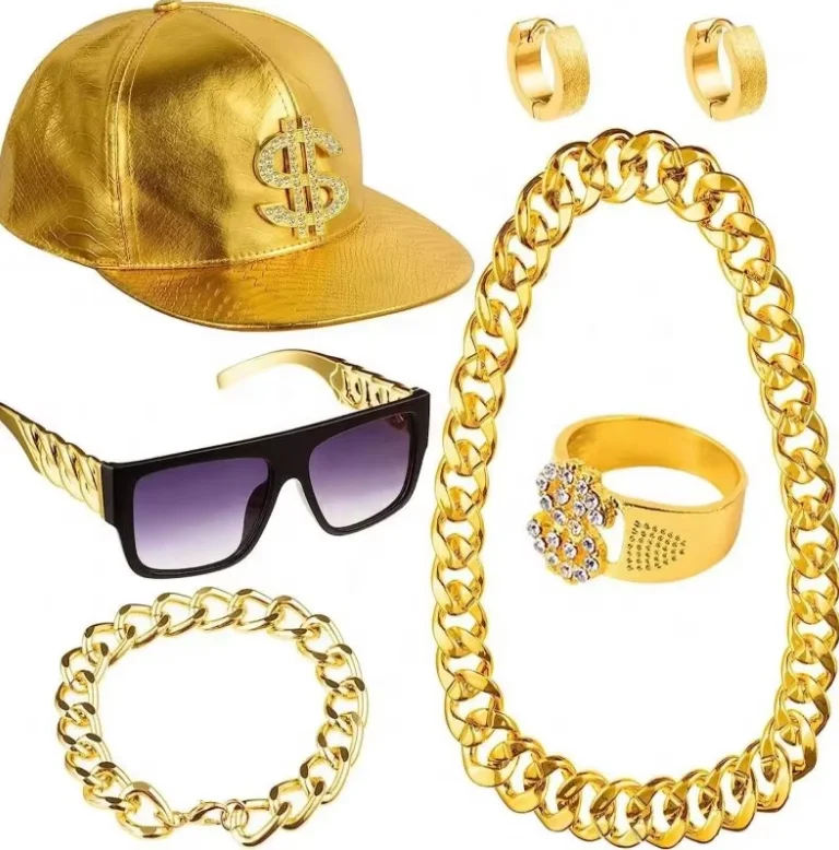 Kit De Disfraz Hip Hop De Los 80 Y 90 Para Hombre Y Mujer, Incluye Collar De Cadena Dorada De 66 Cm Y Gafas De Sol Doradas, Ideal Para Fiestas Temáticas, Carnaval Y Cosplay