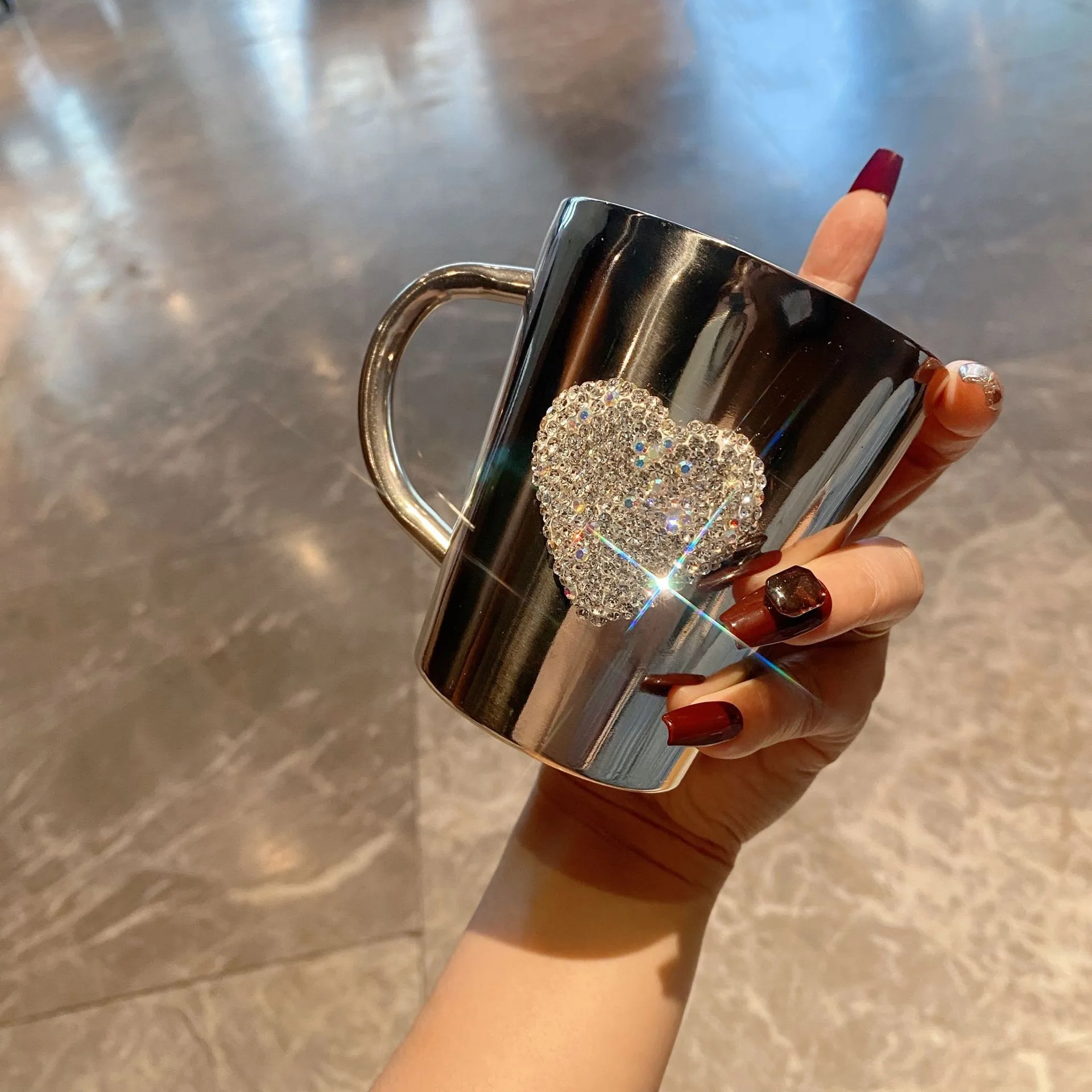 Hot Selling Bling Rhinestone Heart Water Cup Love 304 Stainless Steel  Portable Mugs Coffee Cup