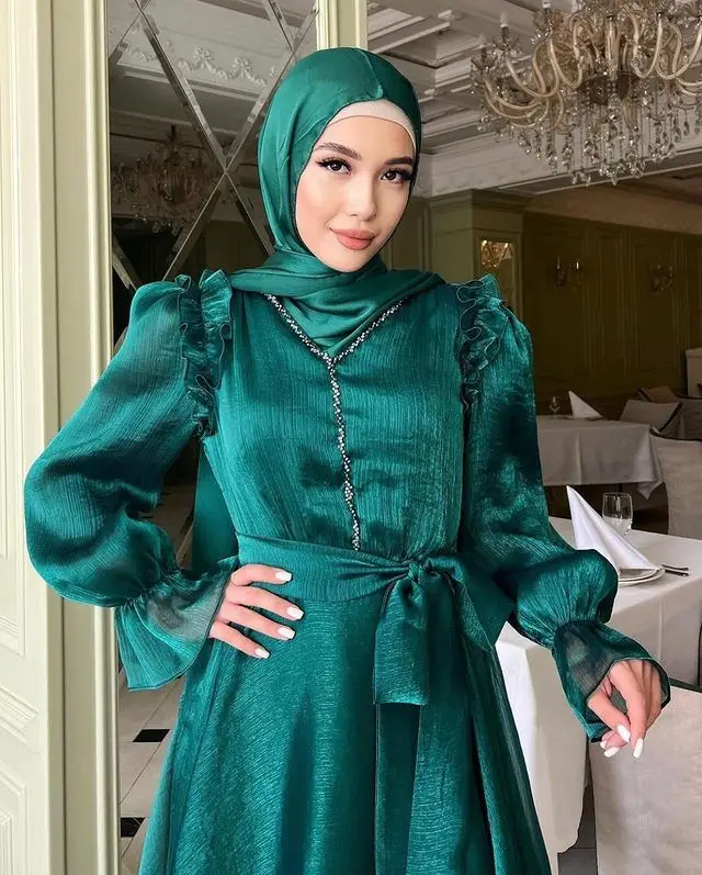Custom Women Arabic Dubai Islamic Muslim Modest Prom Party Dress Shiny