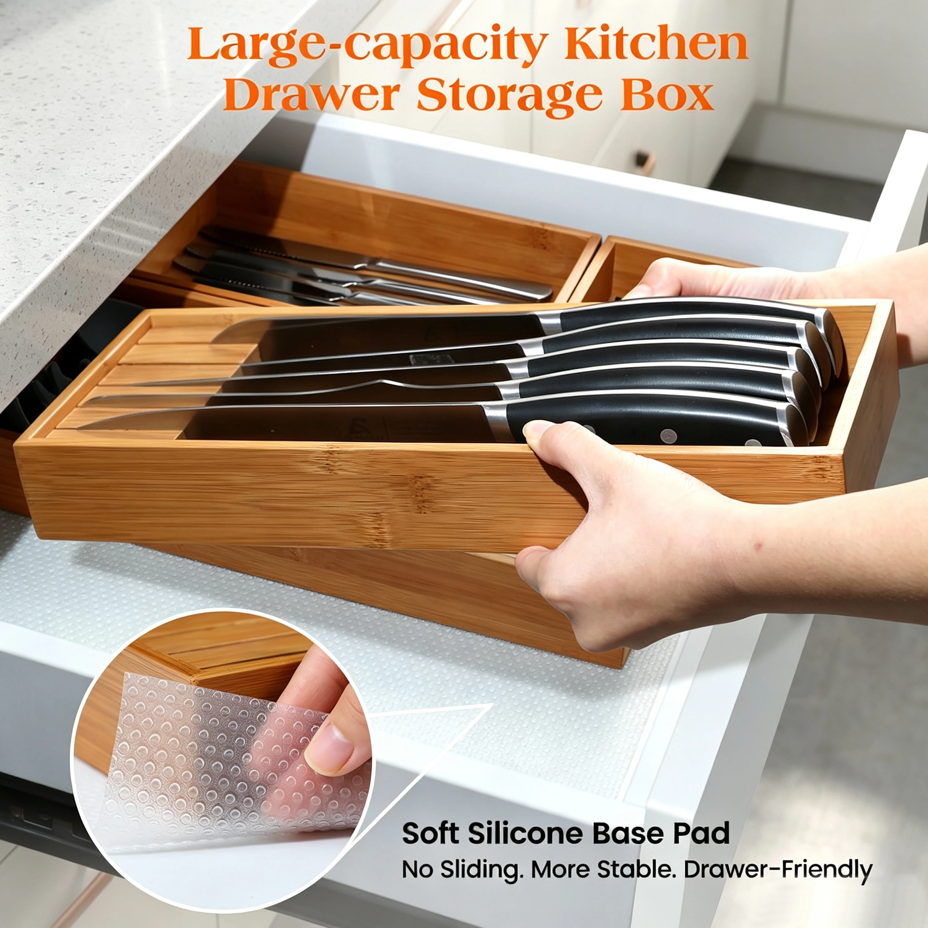 product bamboo drawer organizer 4 piece set carbonized non slip extra deep kitchen cutlery utensil storage tray silverware knife holder-4