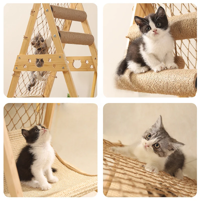 Wooden Cat Tree Tower Foldable Ladder Design with Cat Hammock Sisal Scratch Post Toys Solid Wood Cat Climbing Frame
