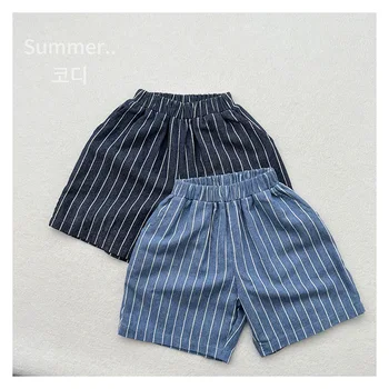 Thin soft breathable Summer new boys and girls Korean vertical striped pants baby casual pants cotton and linen middle pants