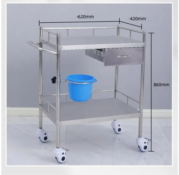 NEWOUYA Medical Products 2 Shelves Stainless Steel Nursing Trolley with Drawer