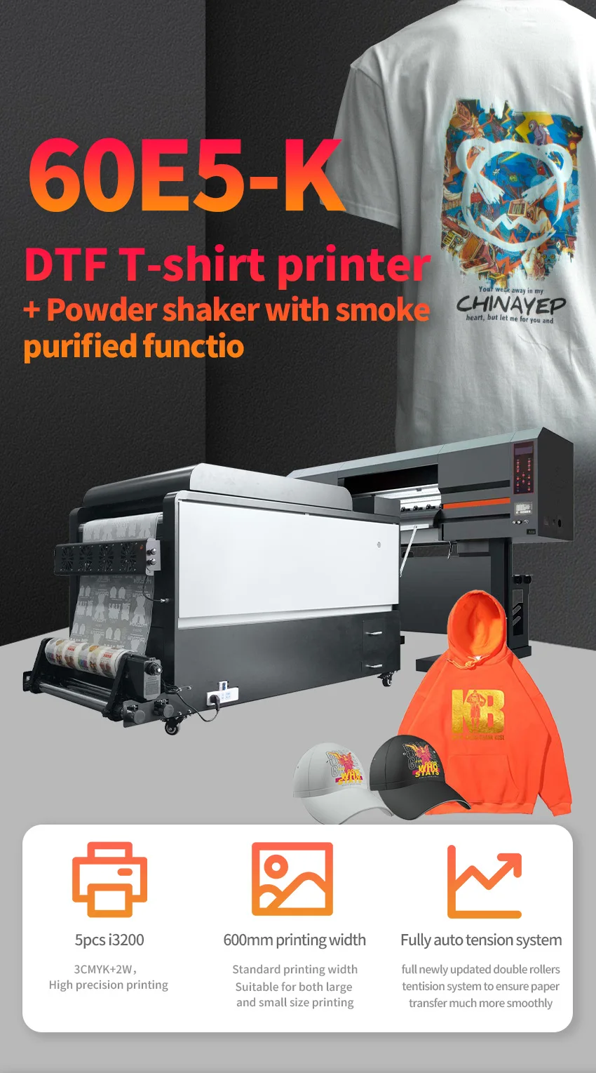 five head dtf T-shirt  transfer film DTF printer with 5 Epson i3200 print heads with powder recir function shaker