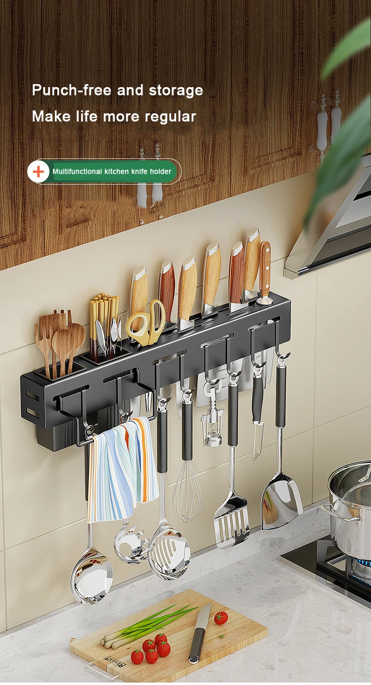 Stainless Steel Knife Rack Wall Mounted Non-perforated Shelf Nailfree ...