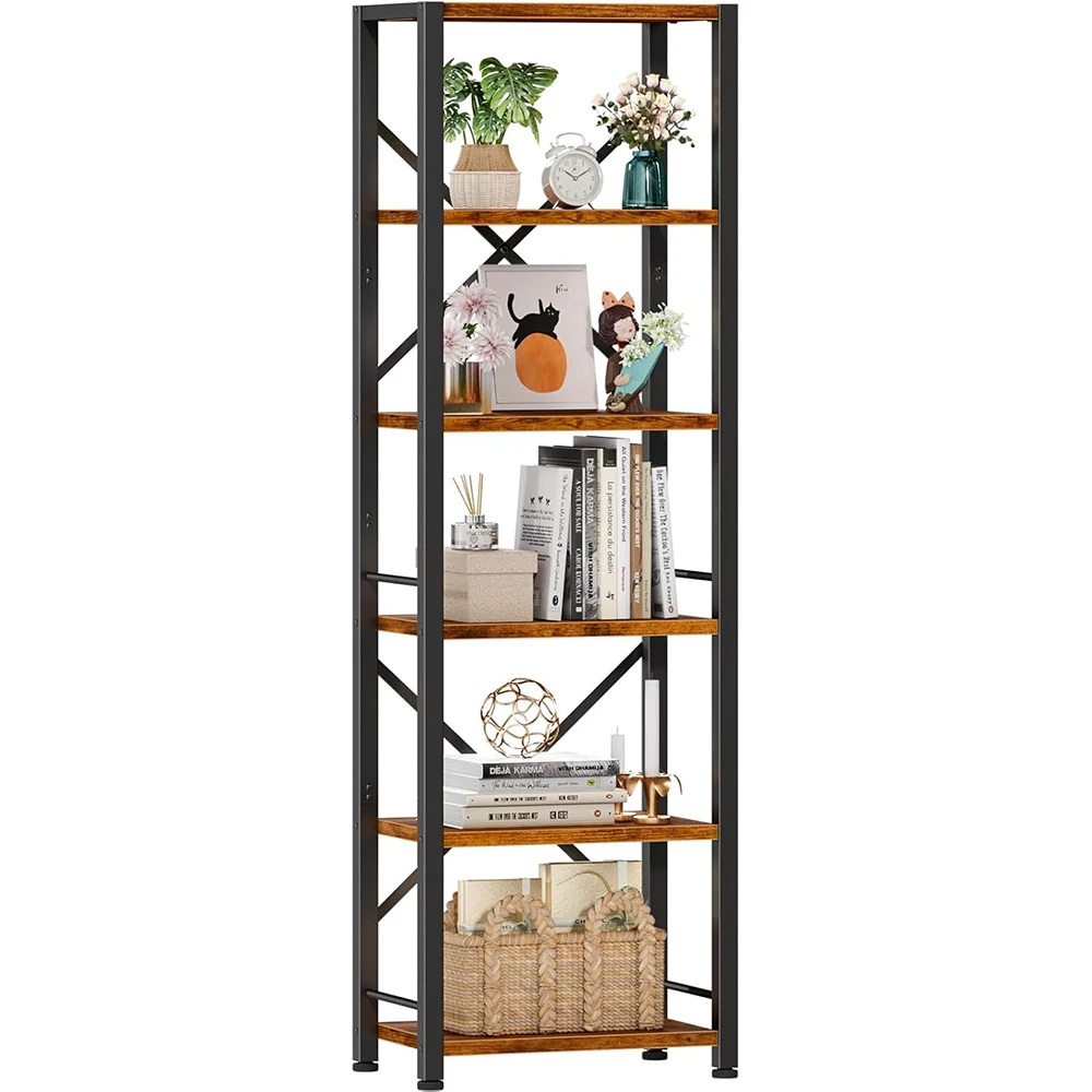 6 Tier Modern Tall Narrow Bookshelf Wood Metal Storage Rack Back Organizer for Living Room Home Office Entryway Kitchen Rustic