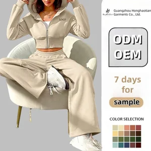 Custom Casual Women Hooded Two Piece Set Crop Top Zipper Jacket Coat Long Pants Sportsuit Matching Set Clothes for Women Outfit