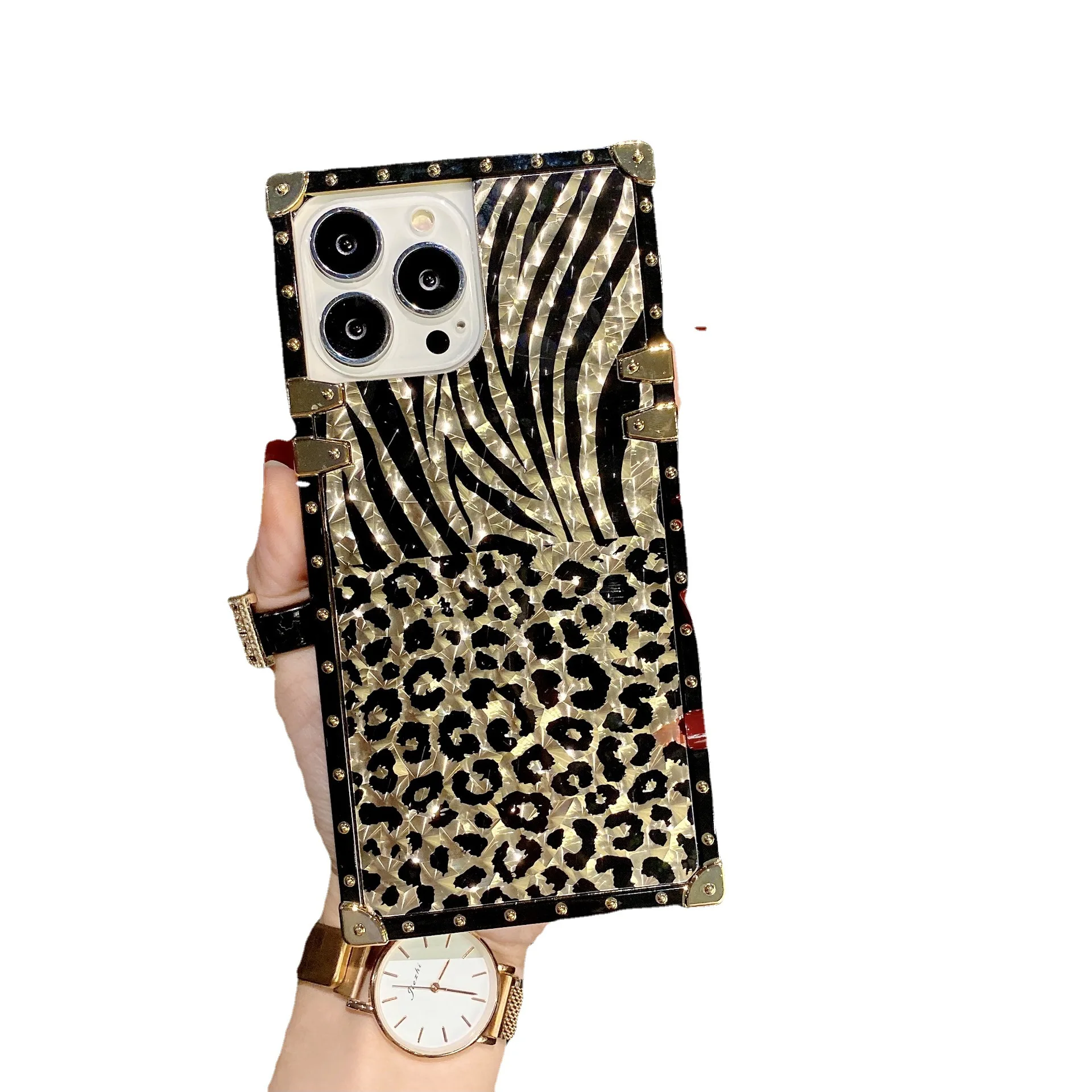 Leopard Square Edge Ring Stand Trunk Luxury Phone Case With