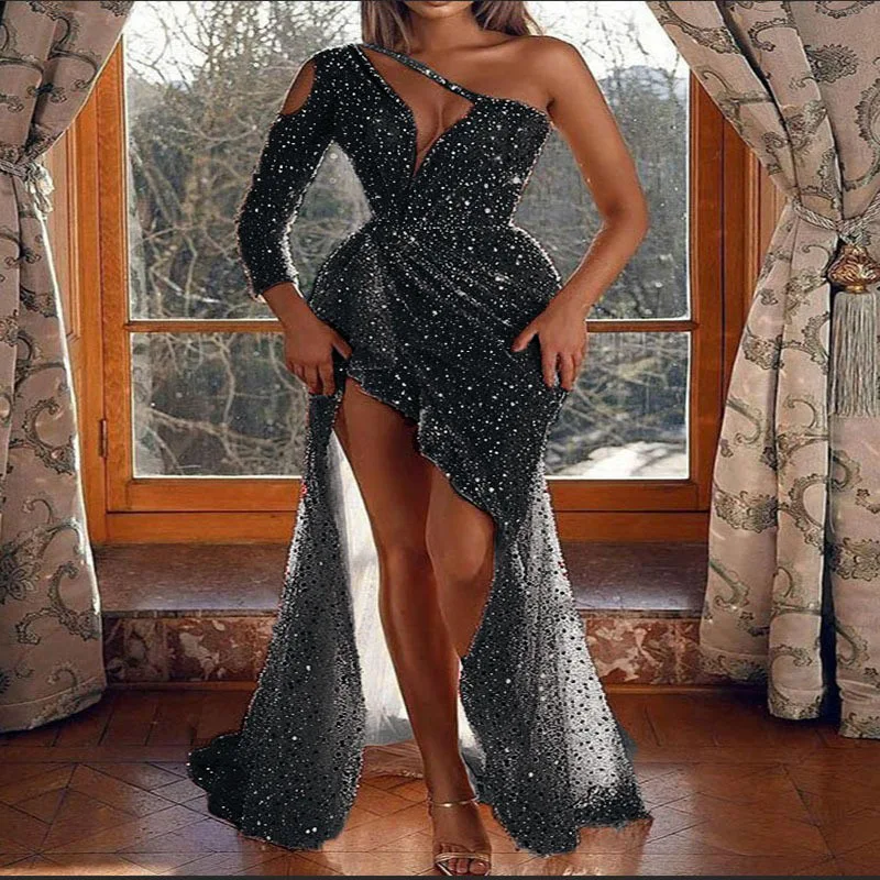 Dq563 Gray Long Sleeve Ruched Formal Party Women's Gowns