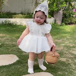 Summer Infant Formal Eco-friendly Mesh Romper Dress Hat Sleeveless Girl Bows Bodysuit Sweet Baby Clothes Appliqued