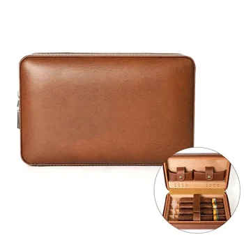 Custom Portable Cigar Case 4 Slot Leather Vintage Travel Cigar Humidor Box Set Embossed Logo