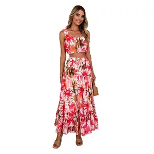 New Women's Sets Retro Sleeveless Short Chest Wrapping Strap Printed High Waist Skirt Two Piece Set for Women