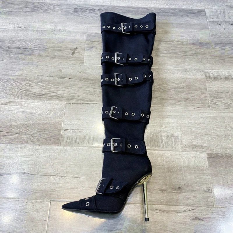 Thigh High Black Knee High Boots With Buckles Buckle Boots Punk