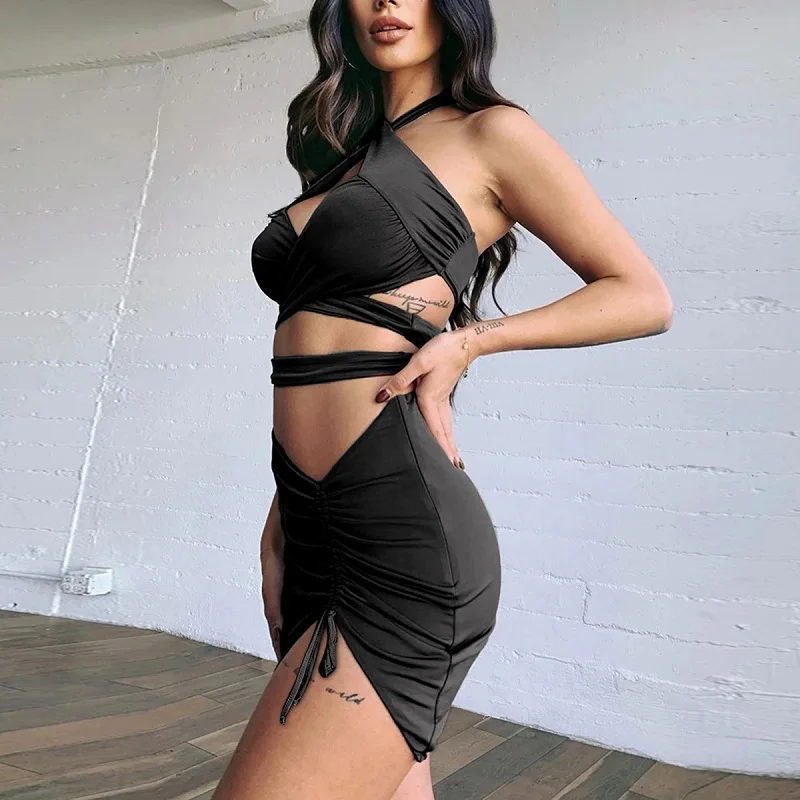 Women Backless Bodycon Two Piece Skirt Set Suits 2 Pieces Cross Halter Bandage Tops and Side Split Pleated Short Skirt Sets
