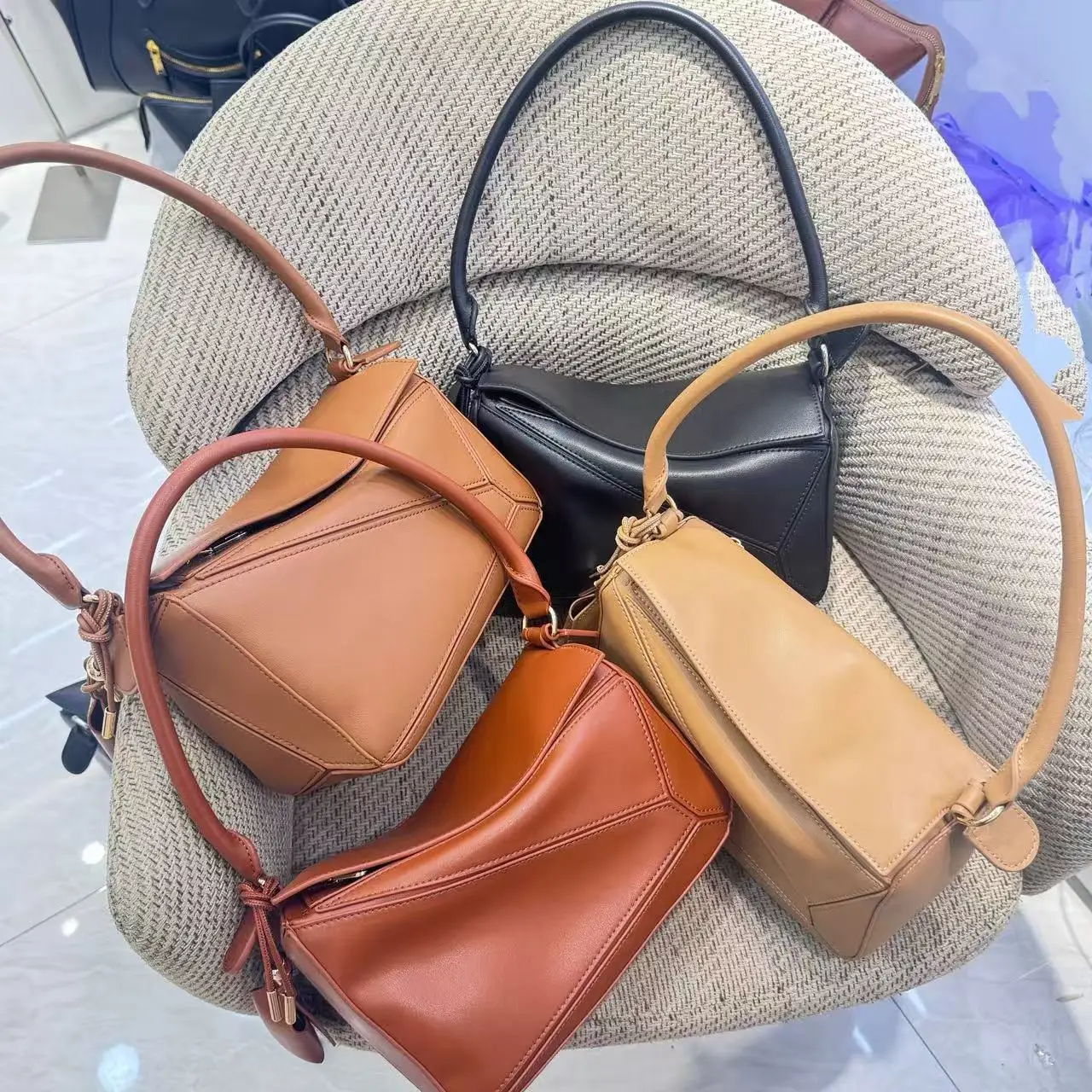 High-end Luojia Puzzle Long-handle Geometric Bag Fashionable Cowhide Solid Color Pillow Bag Genuine Leather Shoulder Two