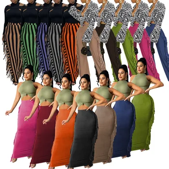 J&H fashion chic design elegant career dresses slim maxi skirt with tassels women solid color vintage pencil skirt office wear