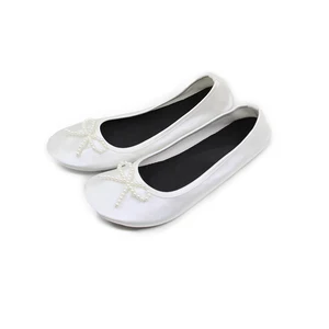 White Satin Rollable Shoes with Pearl Bow Wedding Gift for Women Rescue Flat