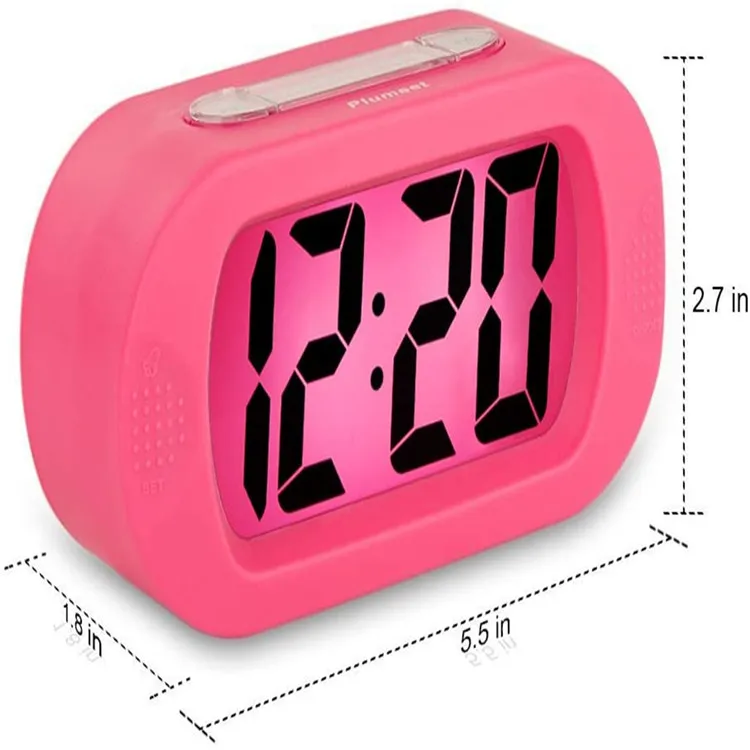 Easy Setting Silicone Protective Cover Digital Silent LCD Large Screen Desk Bedside Alarm Clock with Snooze Light Function