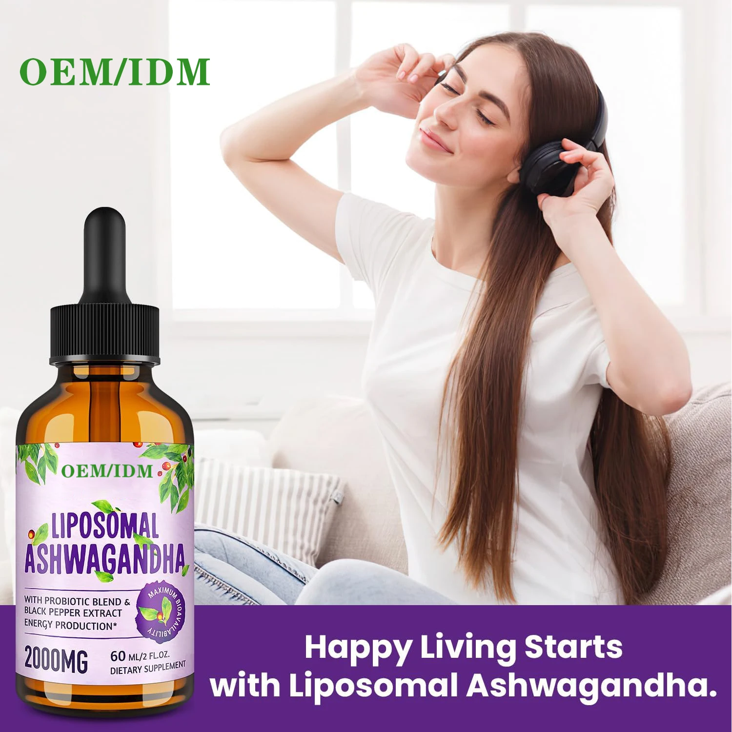 Free Sample Liquid Ashwagandha KSM 66 Root Extract Cognitive Function and Focus Booster Drops for Adults