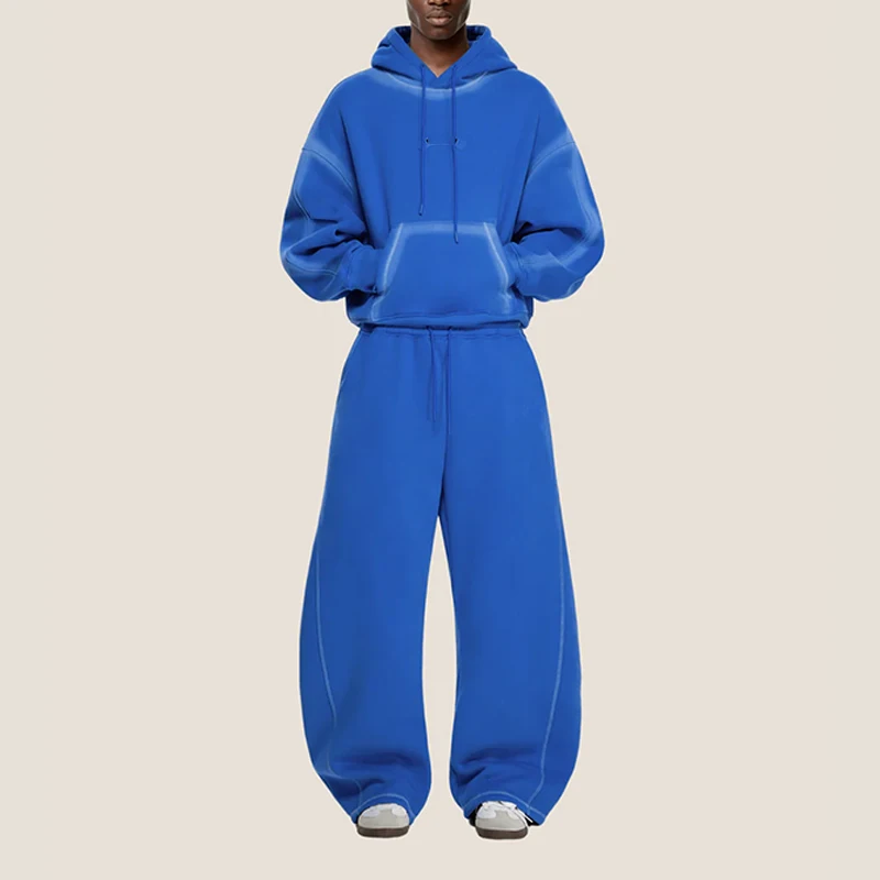 Custom Summer Breathable Heavyweight Spray Paint Tracksuit Men Royal Blue Oversized Hoodie Baggy Sweatpants Set Streetwear