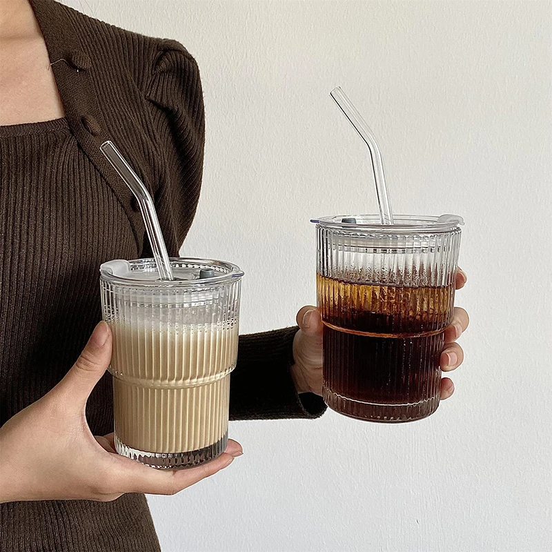 450ml Simple Stripe Coffee Glass Cup With Lid And Straw Transparent