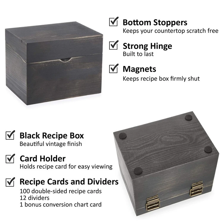 With Dividers And Conversion Chart Card Hinged Lid Wooden Recipe Box