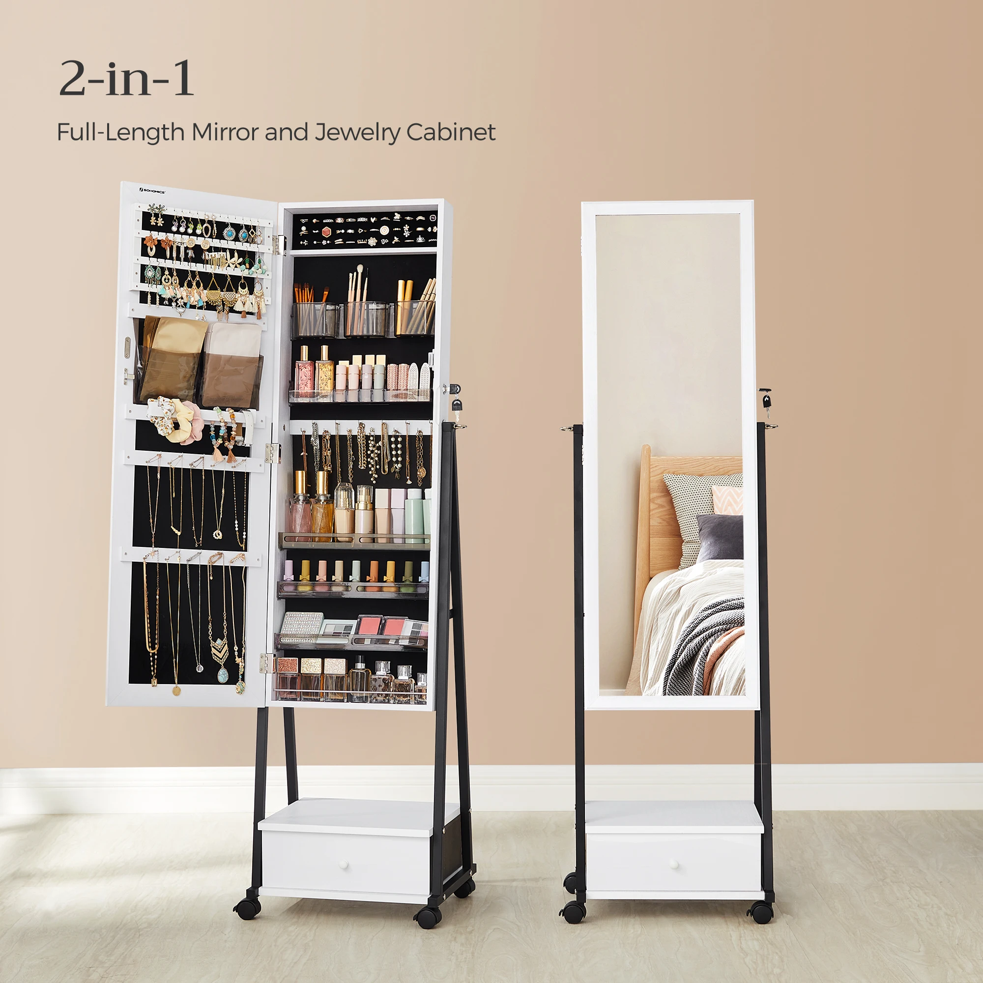 Songmics Mirror Glass Jewelry Armoire With Casters Jewelry