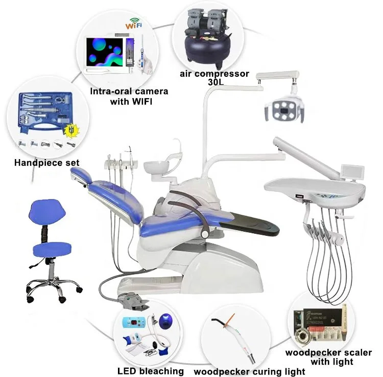 Low price dental chair Full set dental equipment New beautiful leather cushion with filter Air compressor Intra-oral camera details