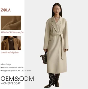 High Quality Long Length Winter Women's Jacket Coat Wool Alpaca Fur Blend Fabric with Turn Down Collar and Belt Closure