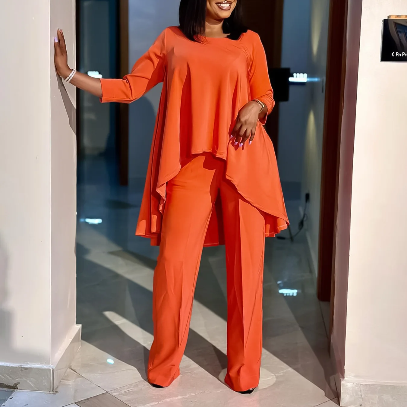 Elegant Asymmetrical Two-Piece Tunic and Wide-Leg Pants Set main image 0