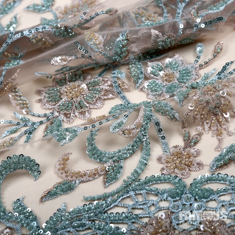 2022 Designer Luxury Wedding Dress Fabric Machine Beads Embroidery
