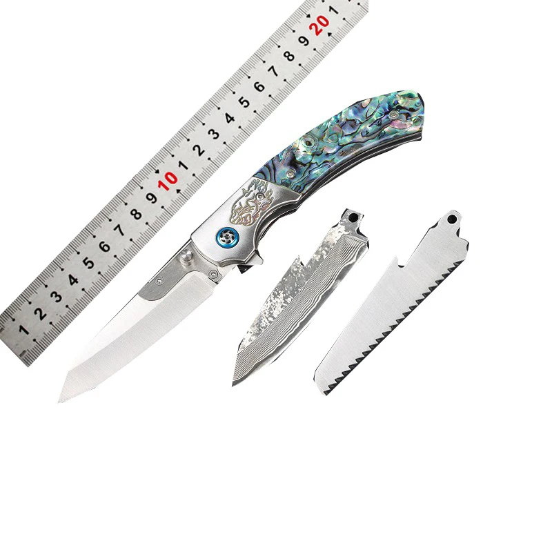 High End Collection Abalone Shell Pocket Knife Damascus Steel EDC Outdoor Camping Folding Knife With Replaceable Blades