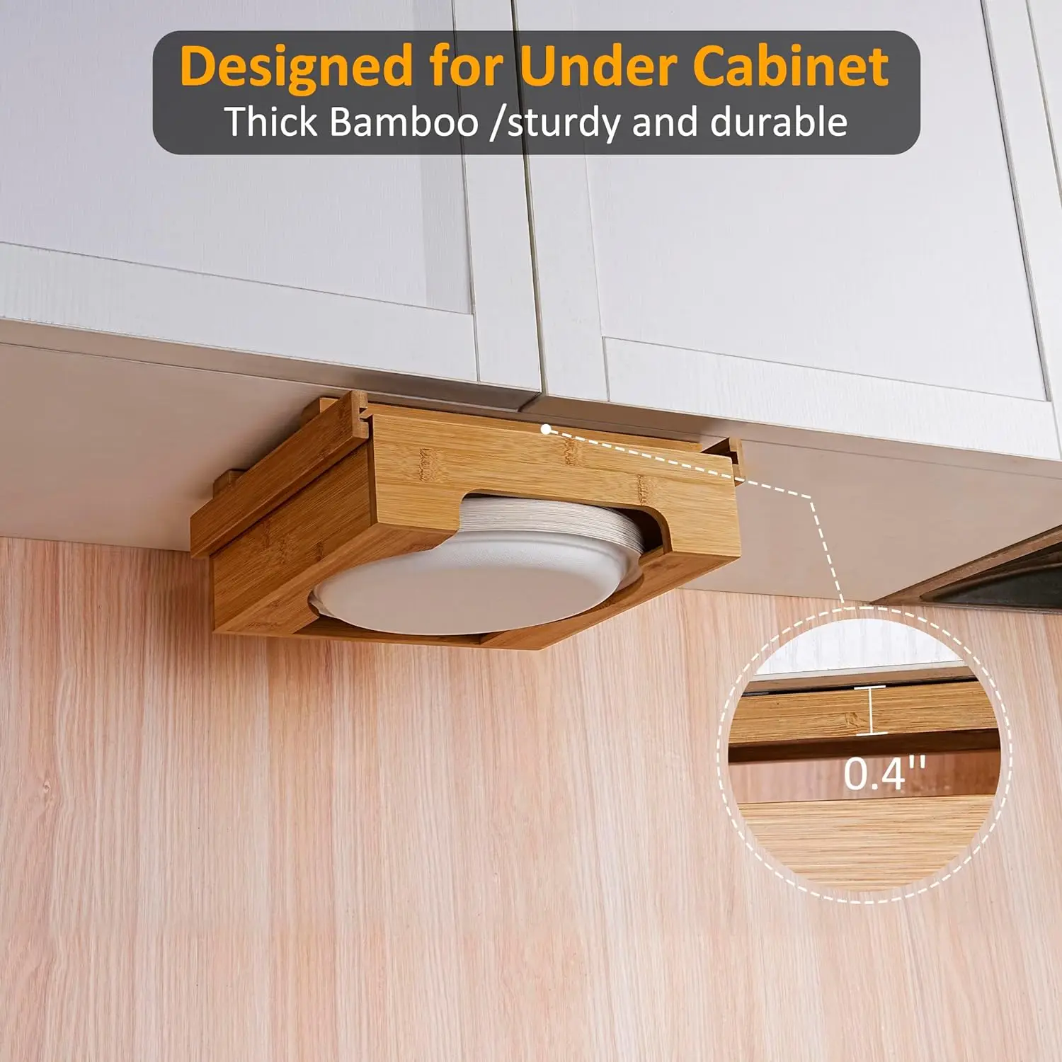 Kitchen Counter Bamboo Paper Plate Dispenser Under Paper Plate