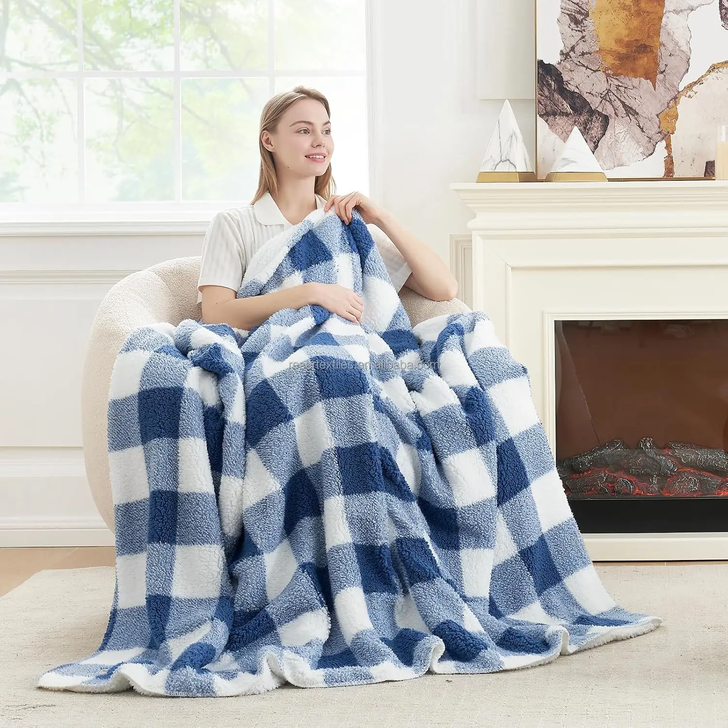 Ultra Soft Double-Sided Sherpa Blanket 100% Polyester Grey Buffalo Plaid Fluffy Thick Warm Plush Throw Winter Knitted Technique