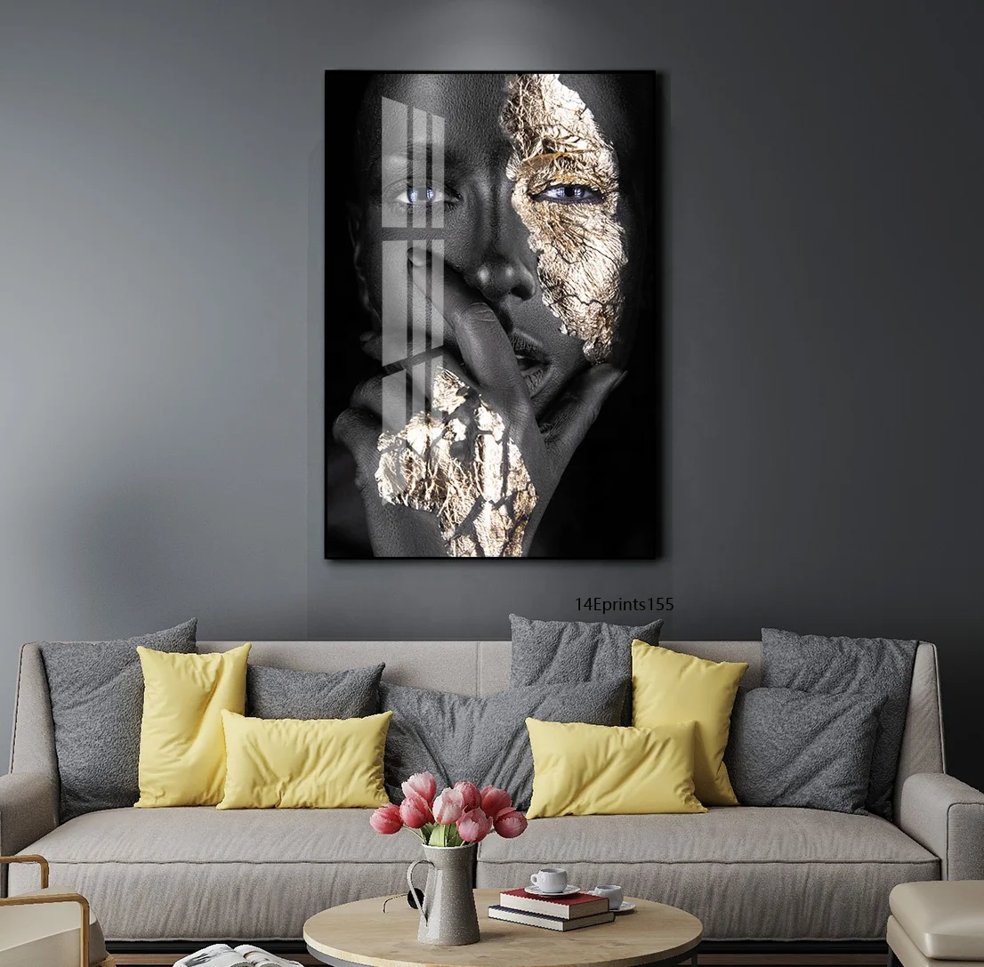 African Art Black And Gold Woman Resin Painting On Crystal Porcelain
