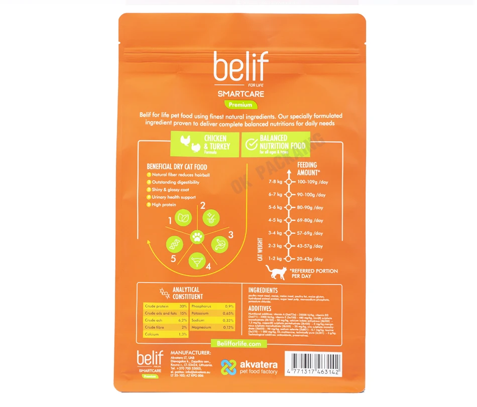 Pet Food Bag Packaging Stand Up Pouch Flat Bottom Zip Lock 3 Side Seal