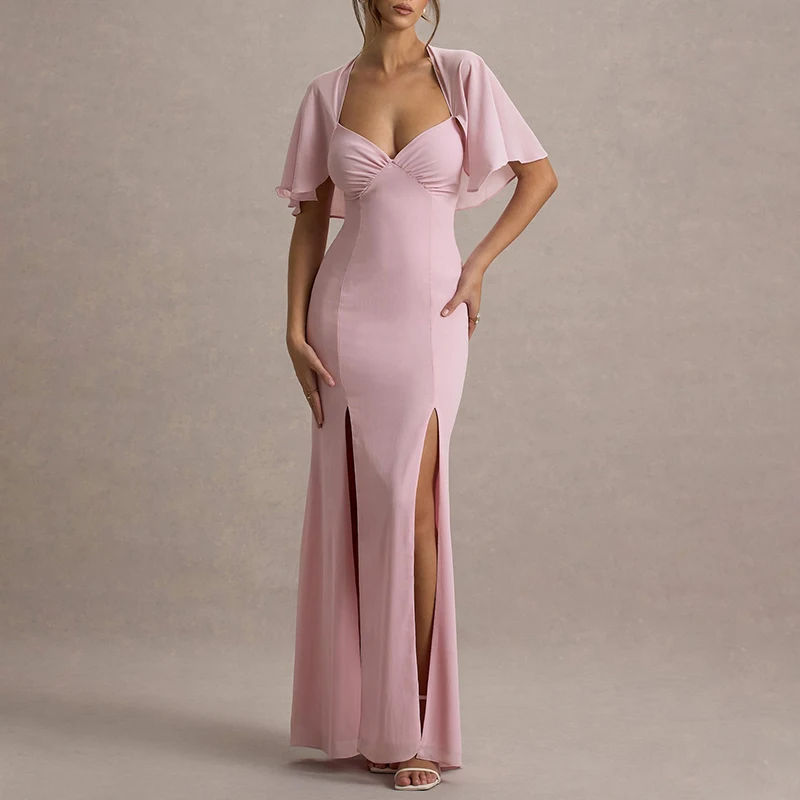 Oem Custom Women Clothing New Design Short Sleeve Slim Fit Formal Dress  Chiffon Slit Maxi Elegant Evening Dress| Alibaba.com