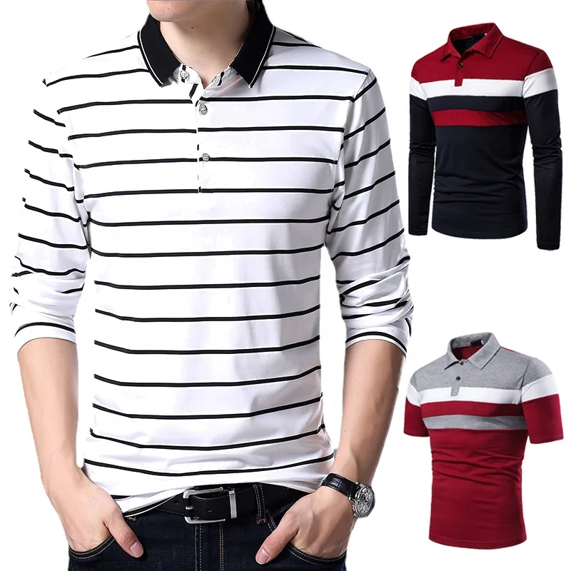 Men's Multicolor Polo Striped Long Sleeve Shirt with Collar