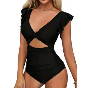 Women's Summer One-Piece Beach Swimwear Twist Cut-Out Ruched Side Butterfly Sleeve Spandex/Nylon Material Bathing Suit
