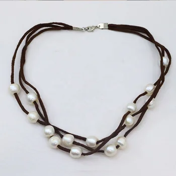 Best Selling Handmade Brown Rope Three layered wear Freshwater Pearl Necklace for Christmas Gift