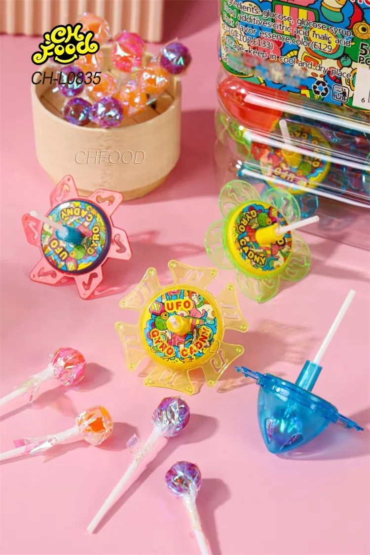 Wholesale Halal Plastic UFO Gyro Candy Toy Spinning Top Toy with Lollipop Candy Sweets for Kids