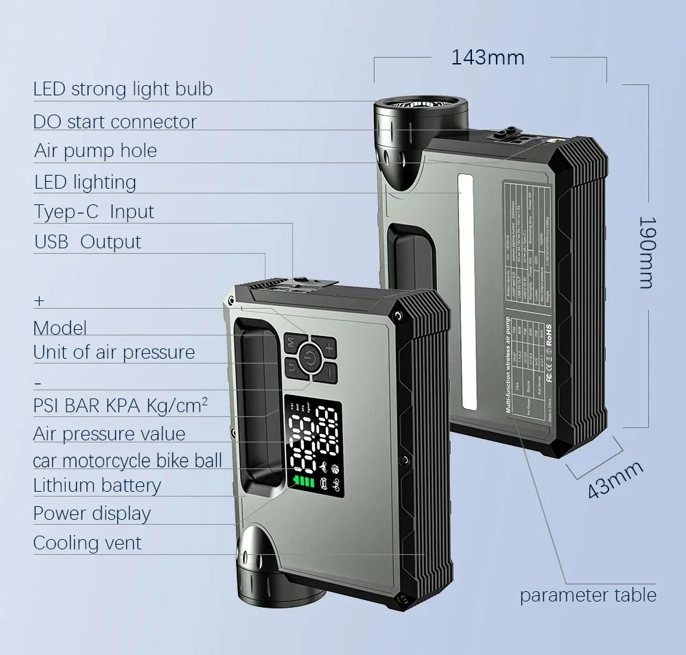 12V Portable Car Jump Starter with Tire Inflator, Multifunctional Car Battery Booster & Air Pump