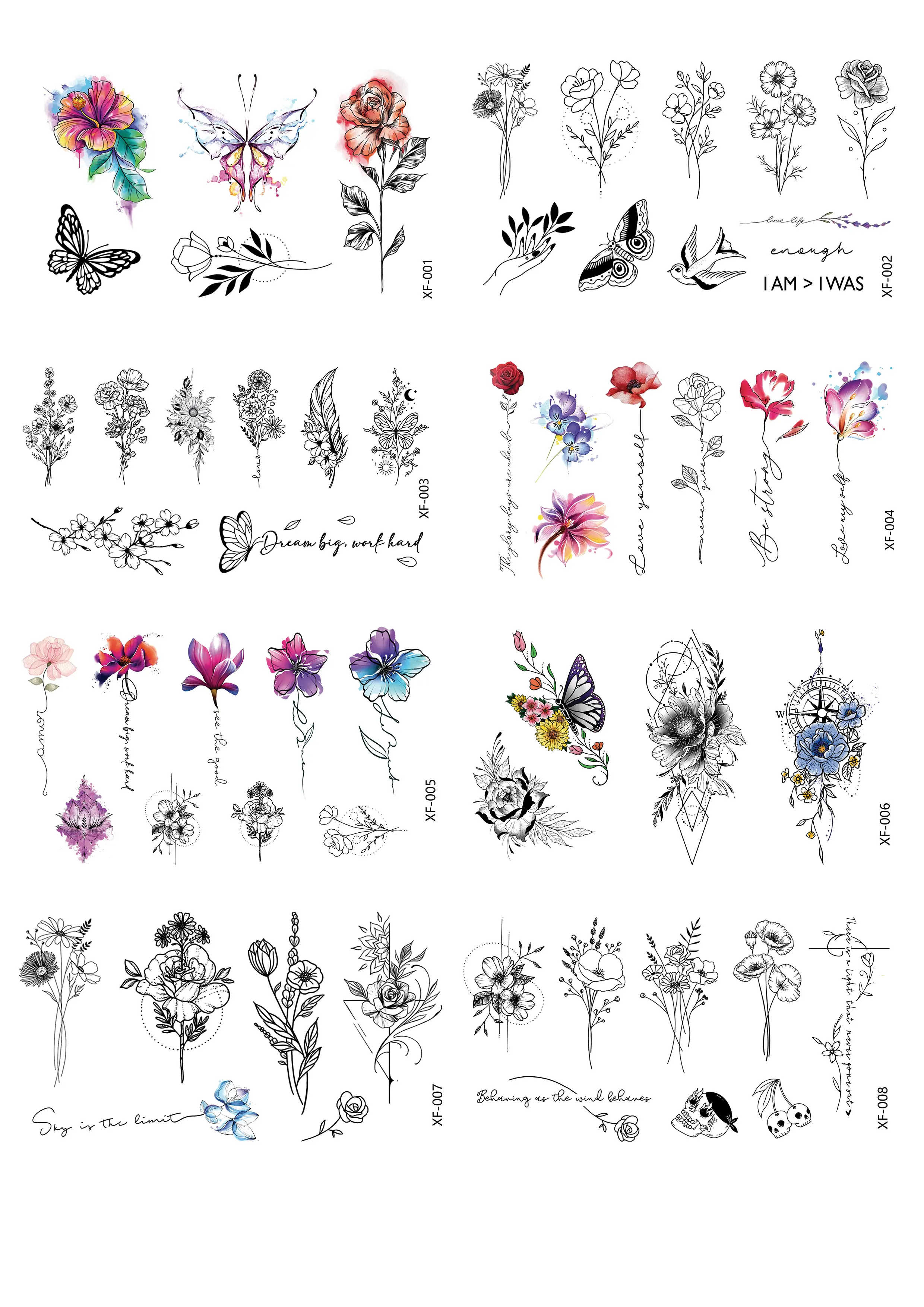 8 Sheets Tiny Tattoos Inspirational Words Realistic Temporary Tattoo Flower Floral Bouquet Stickers for Adult