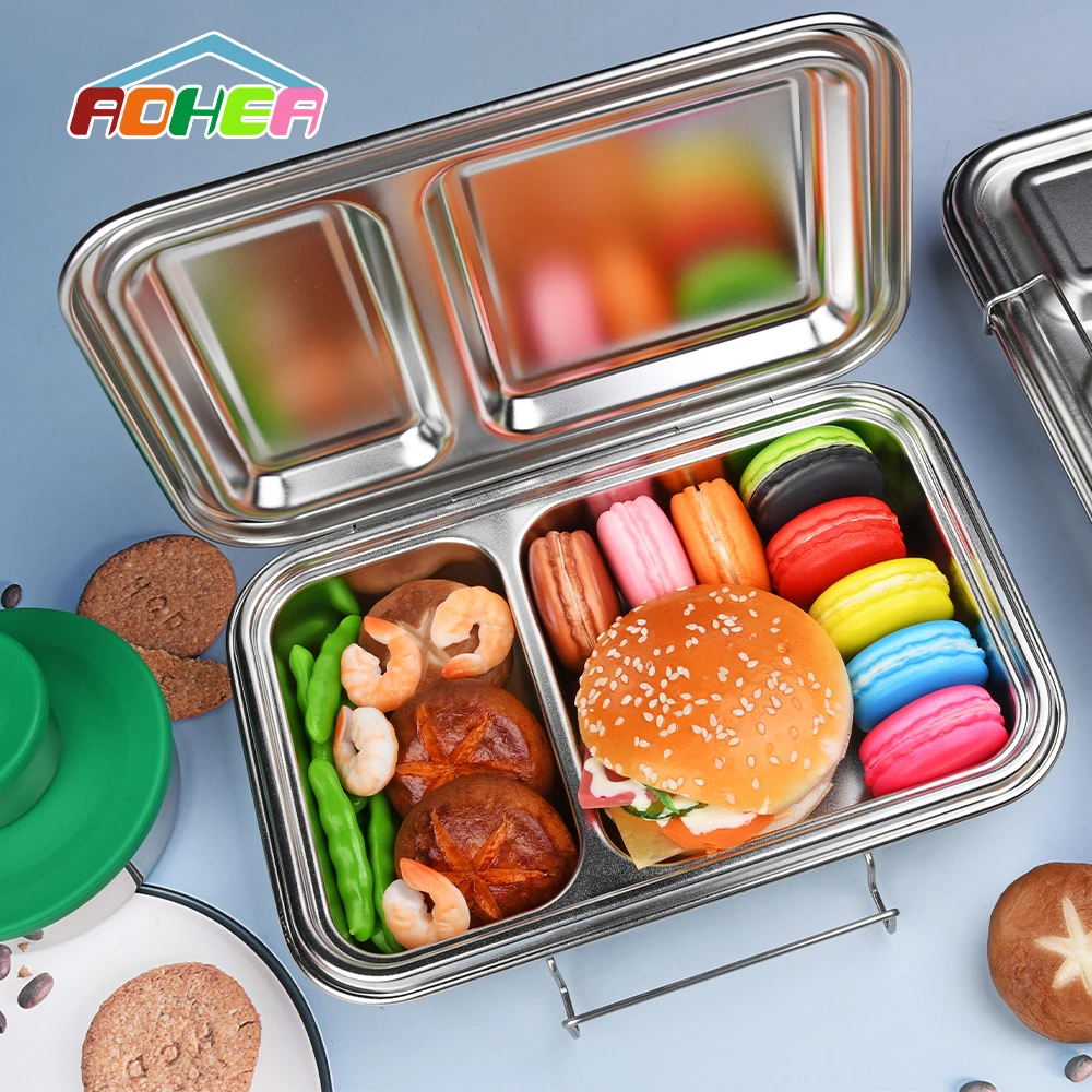 2023 Aohea Food Grade 304 Stainless Steel Kids Lunch Box Silicone Ring Stainless Steel Bento Box factory