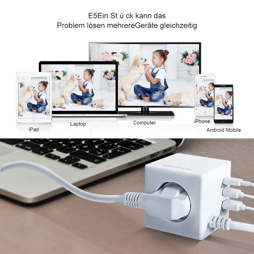 Vastfafa European  Plug USB Power Strip Cube Outlet Surge Protector Extension Socket
