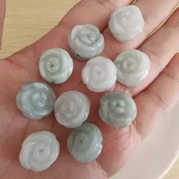 Natural Type A Untreated White And Light Green Mixed Burma Jadeite Rose Flower Ring Top Cabochon Beads For DIY Jewelry Making