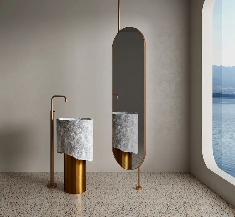New Style Luxury Golden Stainless Steel Pedestal and Artifical Stone Art Wash Basin Combination Bathroom Free Standing Sink
