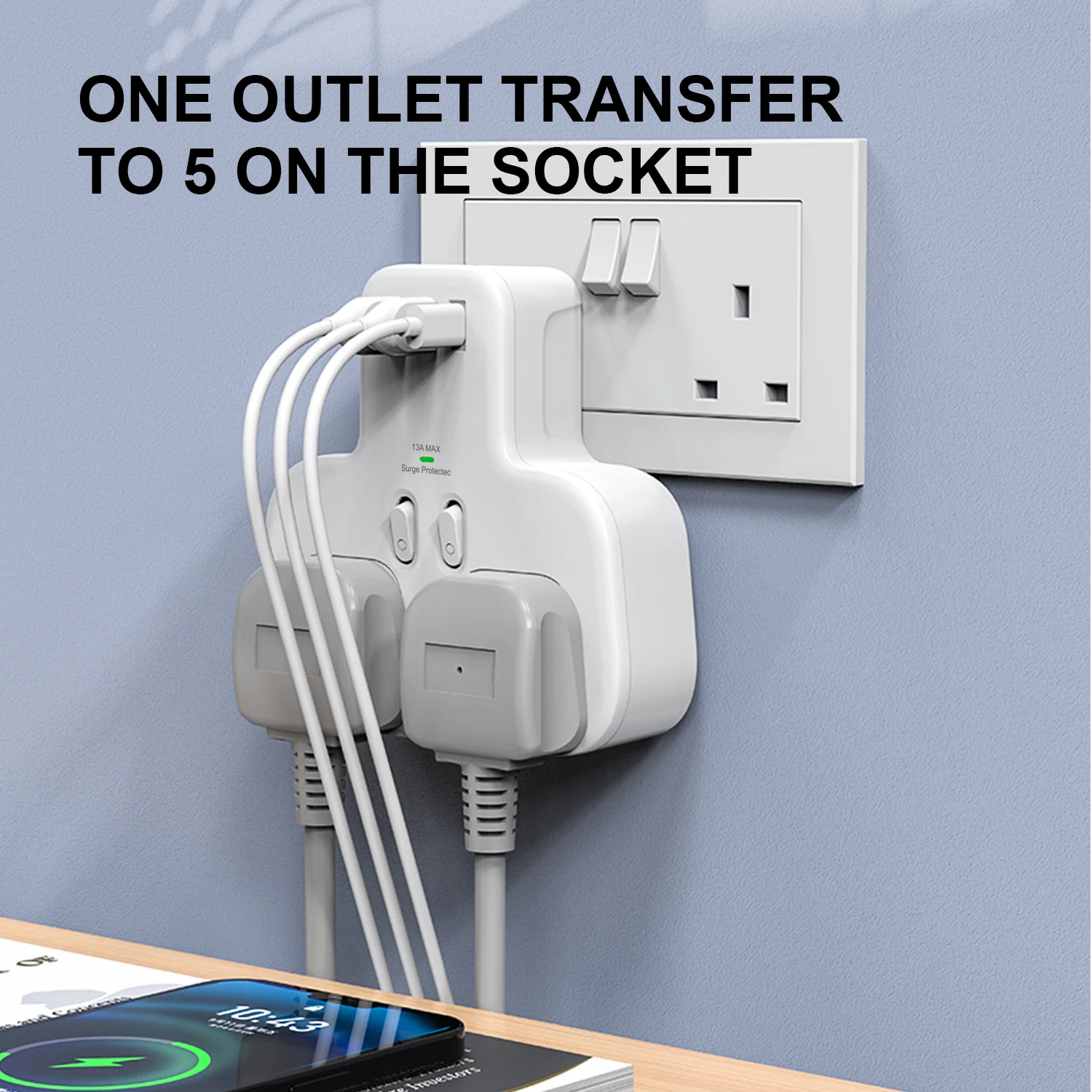 Double Plug Adaptor With Usb C,2 Way Plugs Extension Multi Sockets Wall